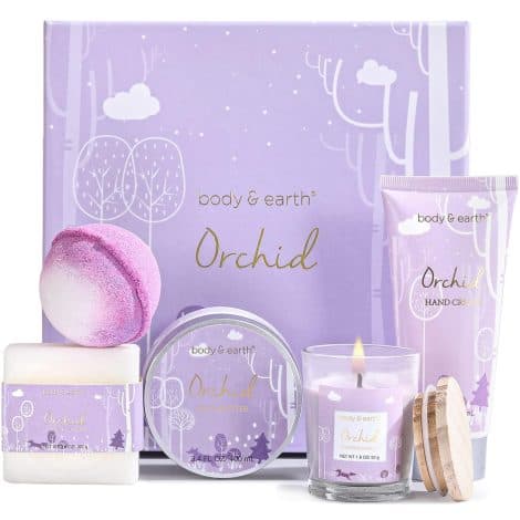 Coffret Cadeau Orchidée – 5 produits bain féminins : bougie, beurre corporel, crème mains, bombe de bain. Cadeau anniversaire/Noël.