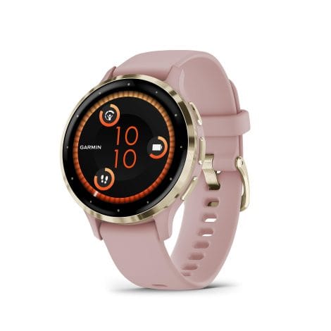 Garmin Venu 3S – Montre intelligente GPS pour le sport et la santé – Doré pâle avec bracelet rose.