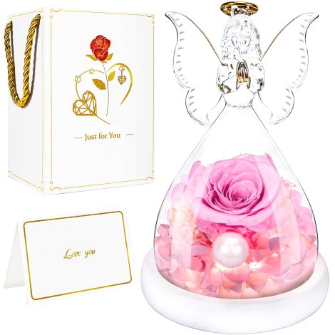 Ange Rose Éternelle BoriYa – Jolie Rose Lumineuse avec Perles Sous Cloche, Cadeau Romantique pour Noël.