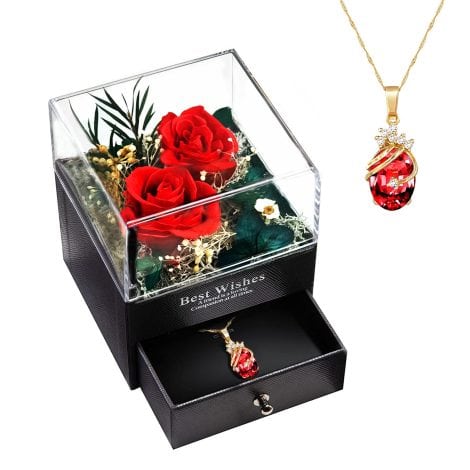 MINCHEDA Bouquet de Roses Éternelles avec Collier, Boîte-Cadeau de Bijoux, Idée Cadeau Romantique pour Femme, Noël/Saint Valentin/Anniversaire/Fête des Mères Original.