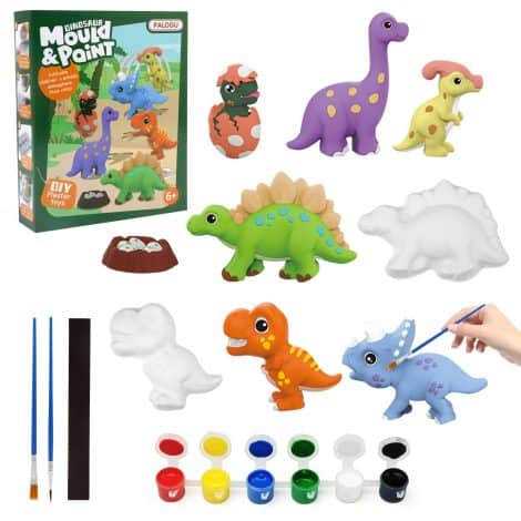 Kit créatif pour enfants avec moule à plâtre pour faire et peindre des jouets en forme de dinosaures. Parfait comme cadeau d’anniversaire ou de Noël pour garçons et filles de 6 à 12 ans.