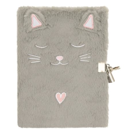 DRAEGER Paris | Carnet Intime Chat Gris Peluche | Fausse fourrure | Carnet avec Cadenas et clés pour Garder les Secrets | Cadeau Enfant, pour Fille