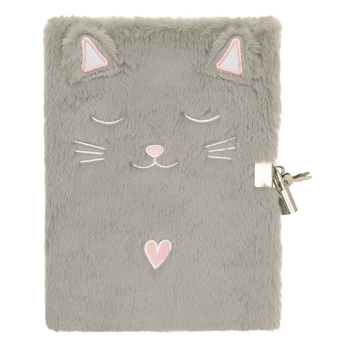 DRAEGER Paris | Journal Intime Gris Peluche Chat | Fausse fourure | Journa avec Cadenas et clés pour Ses Secrets | Idée Cadeau pour Enfant, pour sa Fille