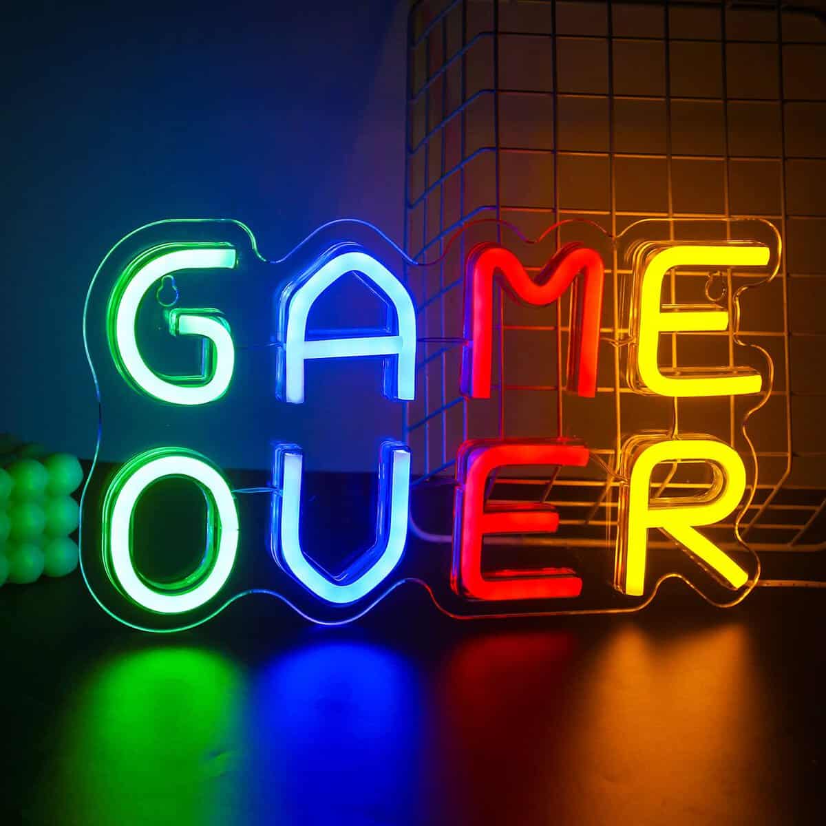 SIGNSHIP Panneau néon Game Over, lampe néon LED colorée, lampe néon USB pour salle de jeu, panneau mural néon décoratif pour chambre à coucher, bar, salle de jeu, cadeau pour gamers, hommes