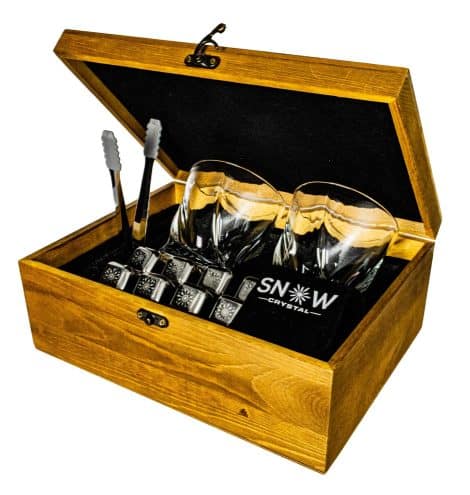 Ensemble de 8 pierres à whisky en acier inoxydable, avec verres, pince et coffret en bois.