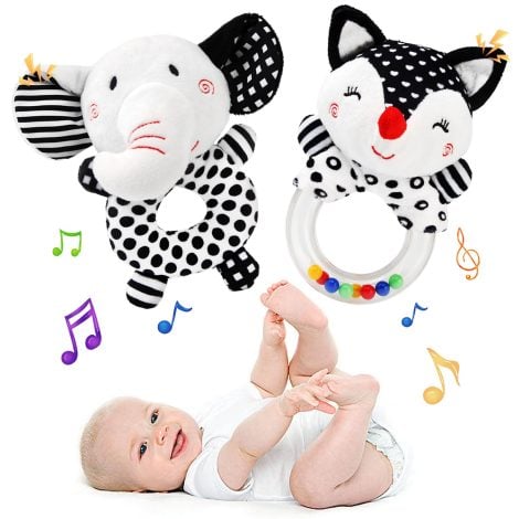 Hochet pelucheux Ballery pour bébé de 0 à 6 mois, noir et blanc, cadeau éducatif garçon/fille.