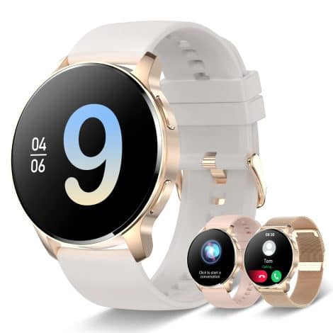 Iaret Montre Connectée Femme avec Appel Bluetooth, 1.32″ Smartwatch avec Fonction Féminine Fréquence Cardiaque Sommeil Podometre SpO2 Pression artérielle, Etanche Montre Sport Ronde pour Android iOSMontre Connectée Iaret pour Femme, 1.32″ Bluetooth, Fonctions Santé, Étanche, Ronde, Android iOS.