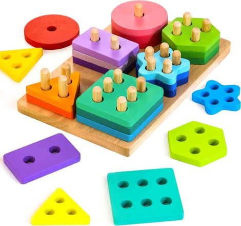 Jouets en bois HELLOWOOD Montessori pour les tout-petits de 1 2 3 ans avec 24 blocs géométriques.