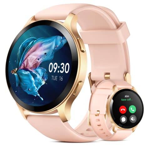 Montre connectée pour femme Parsonver avec appels Bluetooth, tracker sportif 1.43”, suivi fréquence cardiaque, podomètre, étanche IP68 pour Android iOS, couleur rose.