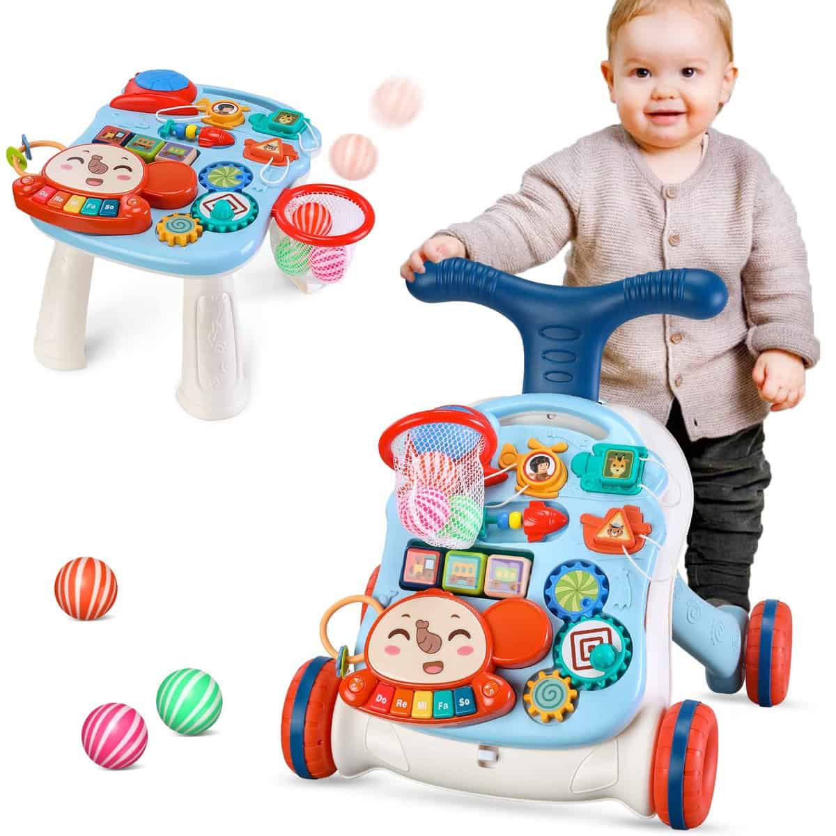 Trotteur 2 en 1 assis-debout pour bébé, chariot pour tout-petits, centre d'activités pédagogiques, plateau de jeu amovible, jouet d'apprentissage de la musique, cadeau pour garçons et filles,Bleu