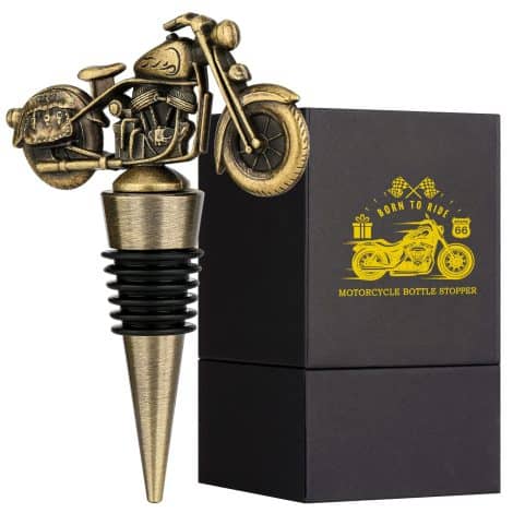 Bouchon de bouteille de vin avec motif de moto, économiseur et accessoire pratique. Parfait pour offrir.