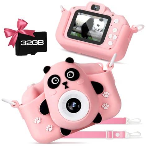 HOMYE Caméra pour Enfants, un cadeau idéal pour les enfants de 3 à 9 ans. Caméra selfie avec écran 2,0 pouces, qualité HD 1080p. Carte SD de 32 Go incluse. En rose.