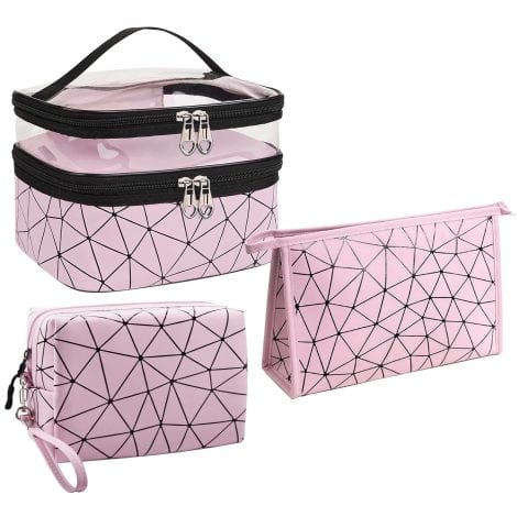 Ensemble de 3 pochettes de toilette avec motif losange, idéal pour femmes et hommes (rose).