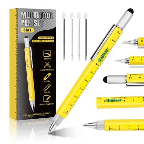 Stylo polyvalent 6-en-1 pour homme, idéal pour cadeaux d’anniversaire uniques pour mari, grand-père, ingénieur, bricoleur (jaune).