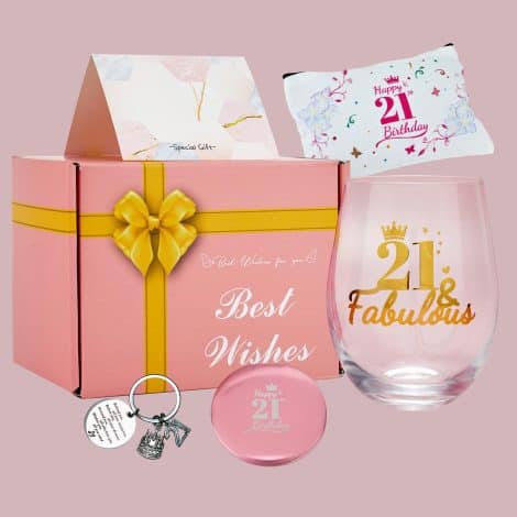 Coffret 21ème anniversaire pour femmes avec verres à vin personnalisés, idéal pour sœurs, amies et décorations.