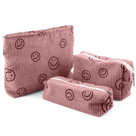 Trousse de maquillage en velours côtelé avec motifs sourire, sac de rangement imprimé pour cosmétiques, idéal pour voyage (rose).