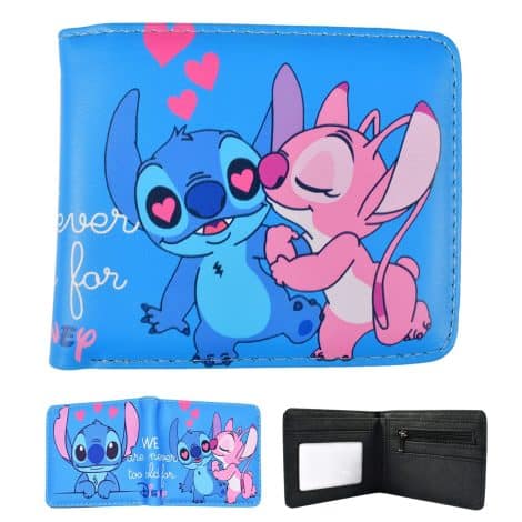 Porte-monnaie enfant Stitch en cuir PU avec double pliage, idéal pour les fans d’anime et les cadeaux d’anniversaire.