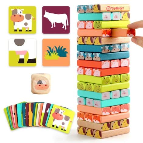 Jeu d’empilage TOP BRIGHT pour enfants de 3 à 8 ans, avec 51 pièces colorées en bois.