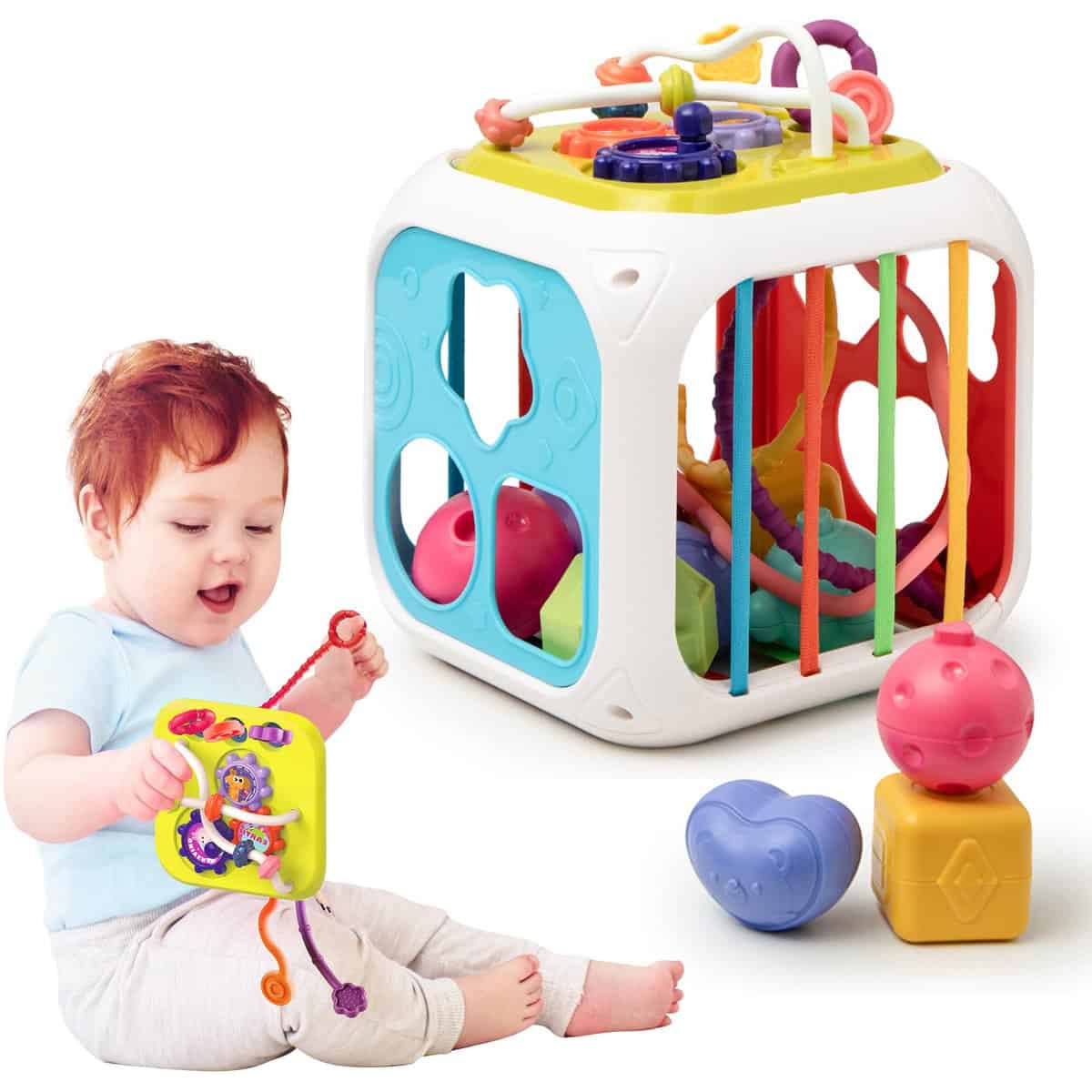 Cube de motricité 7 in 1 Montessori Sensoriel Jouets de motricité Busy Board pour Tout-Petits Cadeau pour Tout-Petits 18+