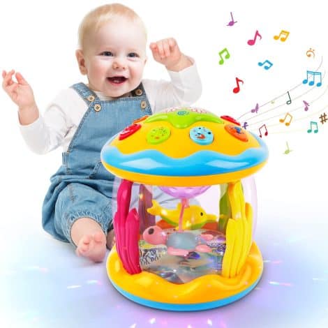 Jouet musical éducatif pour bébés de 6 mois et plus avec projecteur tournant et lumières multicolores.