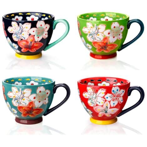 Ensemble de 4 grandes tasses en céramique avec motif de fleurs fabriquées à la main – Idéal pour offrir !