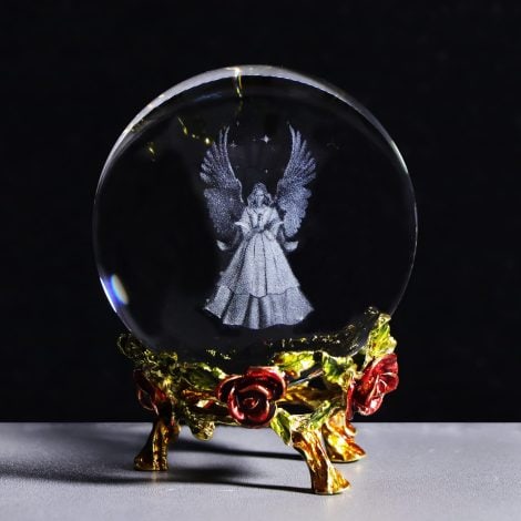 Figurine d’ange en 3D en cristal K9 de 60 mm avec support en métal rose, ailes en verre, cadeau commémoratif pour femme.