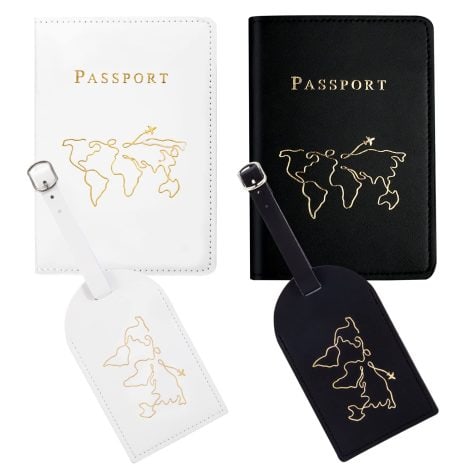 Ensemble de couvertures et d’étiquettes pour passeport et bagages Berkelen, 2 protège-passeports en cuir et 2 étiquettes-valises porte-passeport pour couples (Noir + Blanc), cadeau de lune de miel.