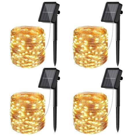 Ensemble de quatre guirlandes lumineuses solaires extérieures litogo, de 12m avec 120 LED, étanches, 8 modes de décoration, pour jardin, terrasse, maison, Noël, mariage, fête. Couleur : blanc chaud.