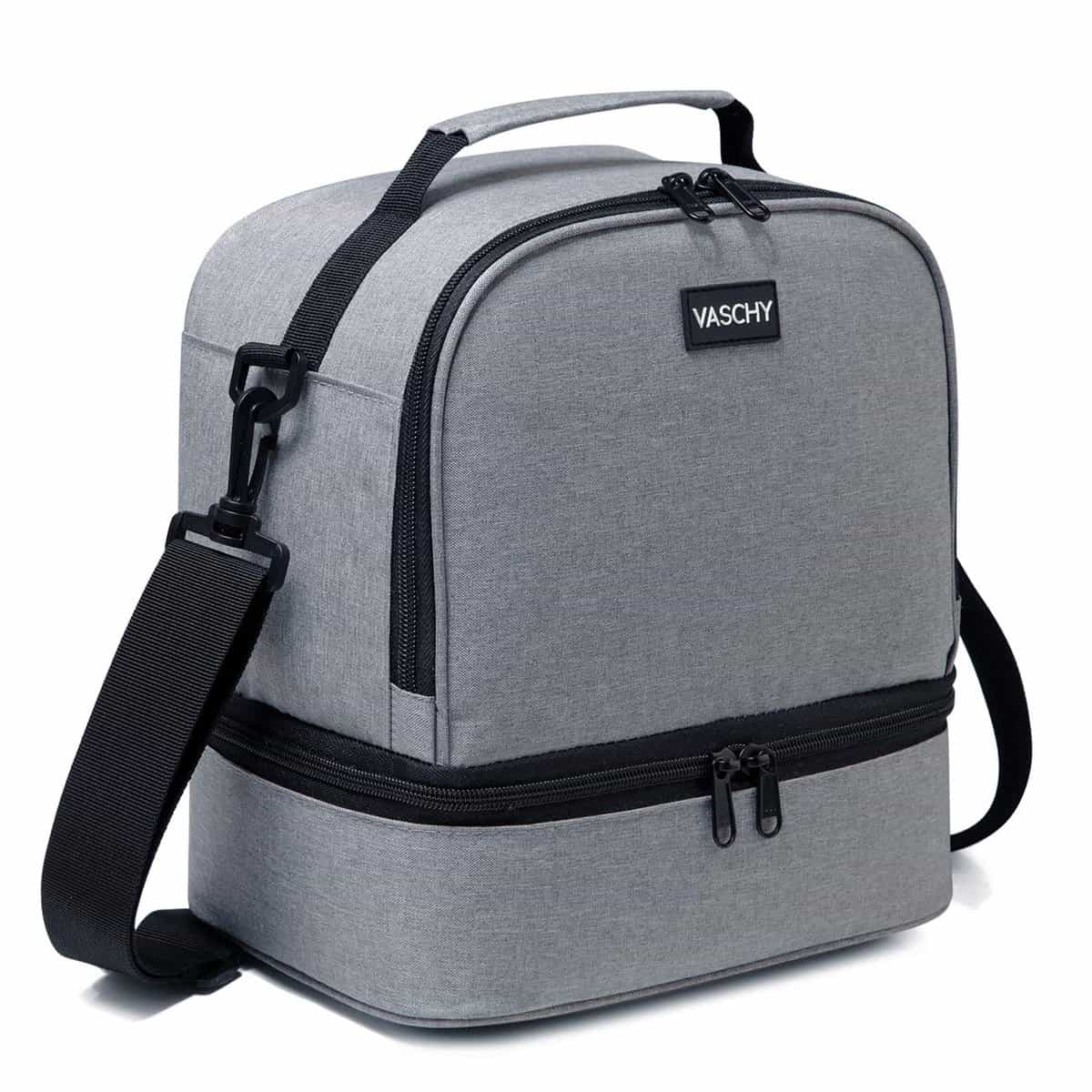 VASCHY Sac Isotherme Repas Femmes, 9,8L Grande Capacité 2 Compartiments Léger Sac à Lunch Isolé Hommes avec Détachable Amovibles Bandoulière pour Bureau Scolaire Pique-Nique Voyage Gris