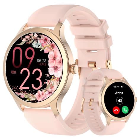 Montres connectées pour femmes Woneligo avec réponse/appel, écran HD rond de 1,32″, suivi sommeil, fréquence cardiaque, SpO2, 100+ modes sportifs pour Android iOS.