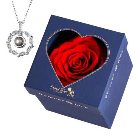 Rose éternelle avec collier en argent rouge – Coffret cadeau pour anniversaire, mariage, maman, copine, noël, saint Valentin, fête des mères.