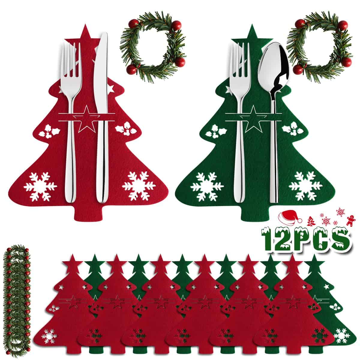 Porte Couverts Noël Feutre, Ensemble De 12 Serviettes Anneau Porte - Couverts Ensemble De Noël, Rouge / Vert Arbre De Noël Décoration De Table De Noël, Petite Guirlande D'Aiguilles De Pin Artificiel