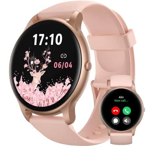 Montre connectée sport femme Parsonver avec Bluetooth, étanche IP68, suivi sport, sommeil, fréquence cardiaque, iOS/Android SPROD1, or rose.