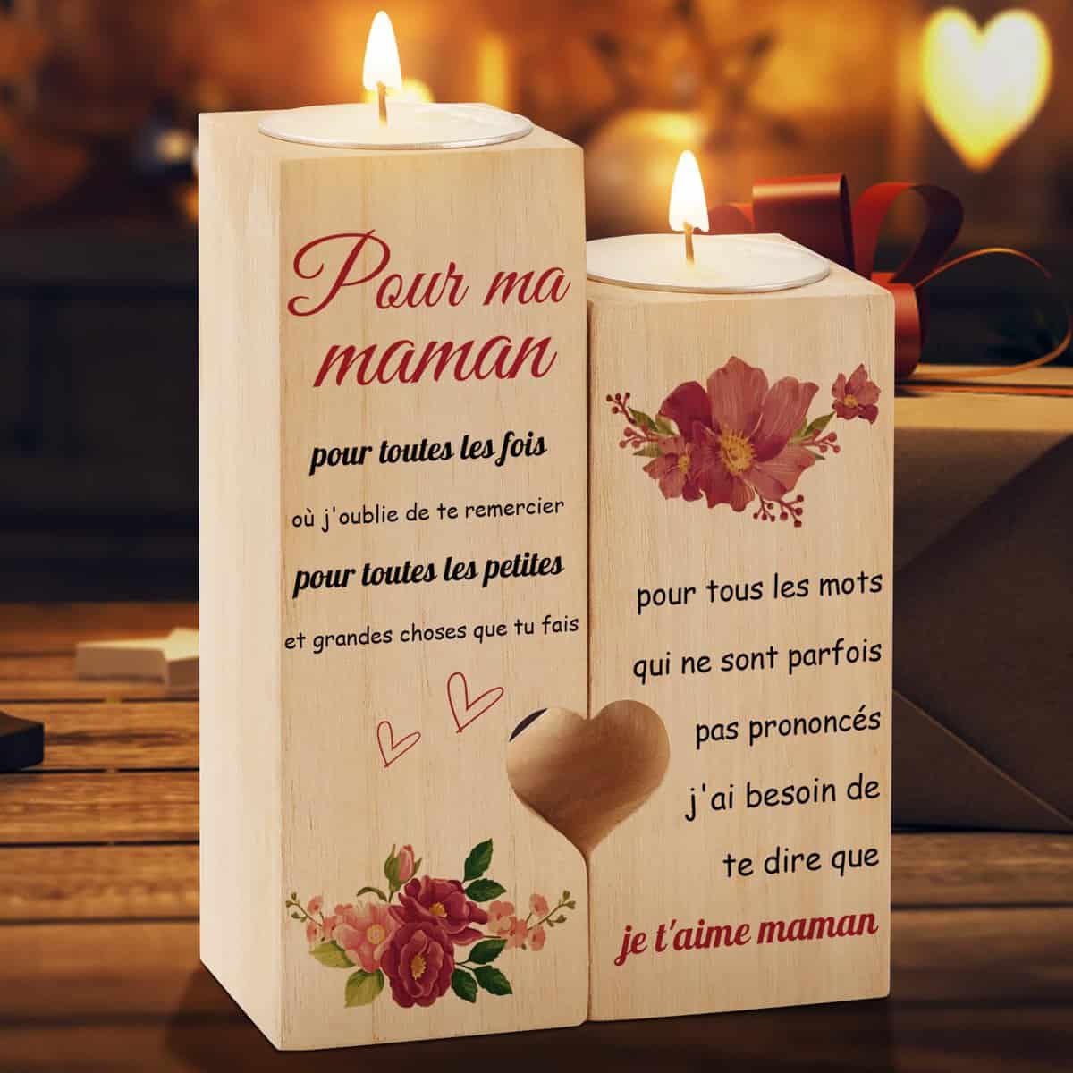 Tulolvae Cadeau Anniversaire Maman, Candélabre en Bois en Forme de Coeur, Cadeau d'amour de Noël Saint Valentin Fête des Mères pour Maman, Bonne Fete Maman, Cadeau Bougie Belle Mere