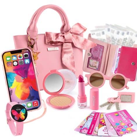 Sac à main et kit de maquillage pour enfants, incluant un smartphone, des clés, un portefeuille, des cartes de crédit et un VIP.