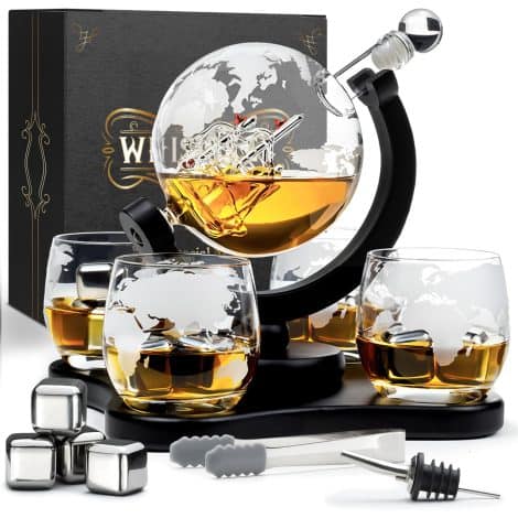 Whisiskey – Carafe à Whisky avec Globe – 900 ml – Coffret Cadeau pour Homme – Set Luxueux Whiskey avec 4 Verres, Bec Verseur et 4 Pierres – Carafe Wisky – Cadeau Fête des Pères de Luxe