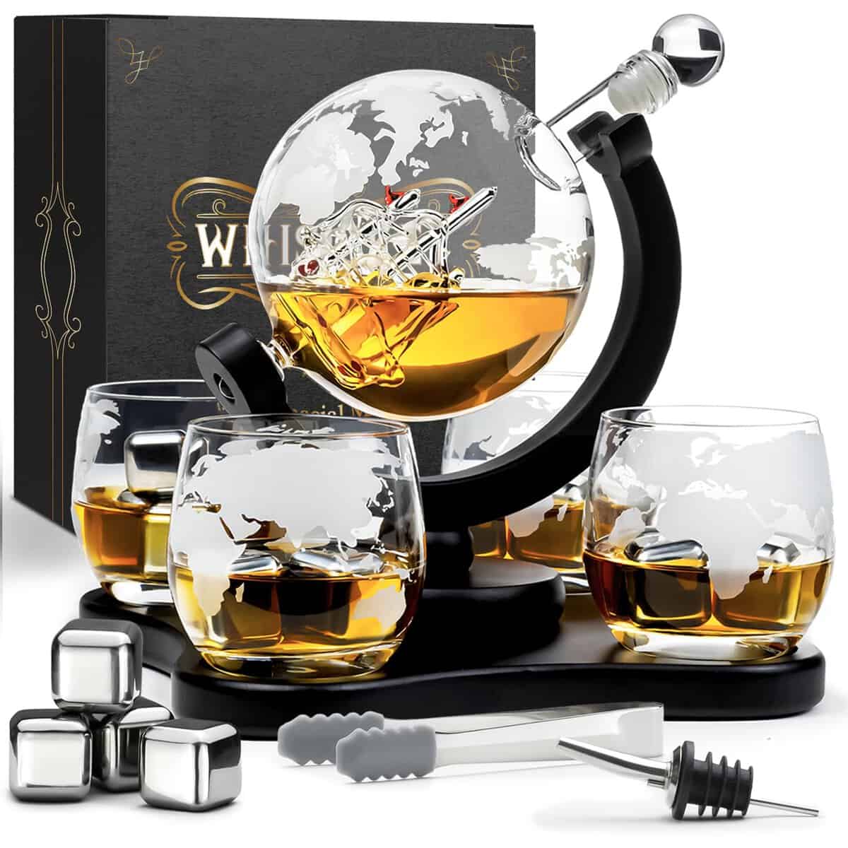 Whisiskey - Carafe Whisky – Globe – 900 ml - Coffret Cadeau Homme - Set Whiskey Luxueux - Avec 4x Verre a Whisky, Bec Verseur & 4x Pierre à Whisky – Carafe Wisky – Cadeau Fete des Peres