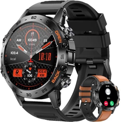 Montre intelligente LEMFO pour homme, plus de 120 modes sportifs, écran HD 360 * 360, appels Bluetooth, moniteur de santé complet, compatible Android et iOS, avec 2 bracelets.