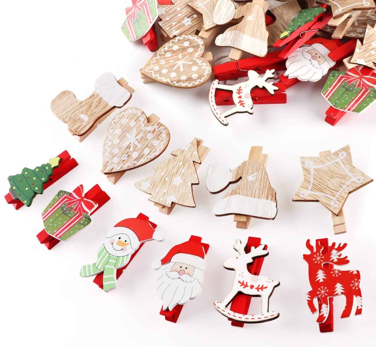 50PCS Pinces à Linge en Bois Motif Noël Décor DIY Craft Absofine Enfant Cadeau Calendrier de l'Avent de Noël à pinces à linge