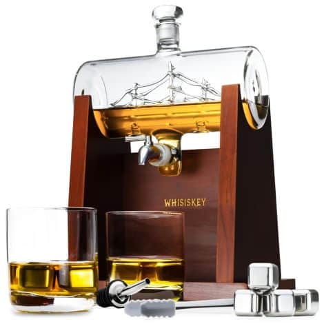 Whisiskey – Carafe de whisky élégante – 1000 ml – Coffret cadeau masculin – Ensemble luxueux de whisky – Cadeau pour la Fête des Pères – Avec 4 pierres à whisky, bec verseur, robinet et 2 verres à whisky.