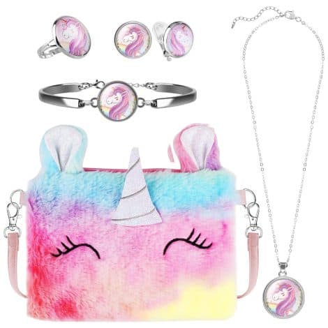 Ensemble de bijoux licorne pour enfant comprenant un sac à main, un collier, un bracelet, des boucles d’oreilles et des bagues. Cadeau d’anniversaire.