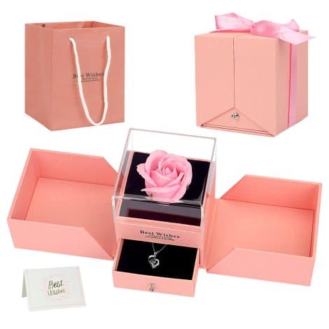 Parure de roses éternelles dans une boîte à bijoux, cadeau original pour femme, romantique pour la Saint-Valentin, anniversaire, fête des mères, Noël. (Rose)