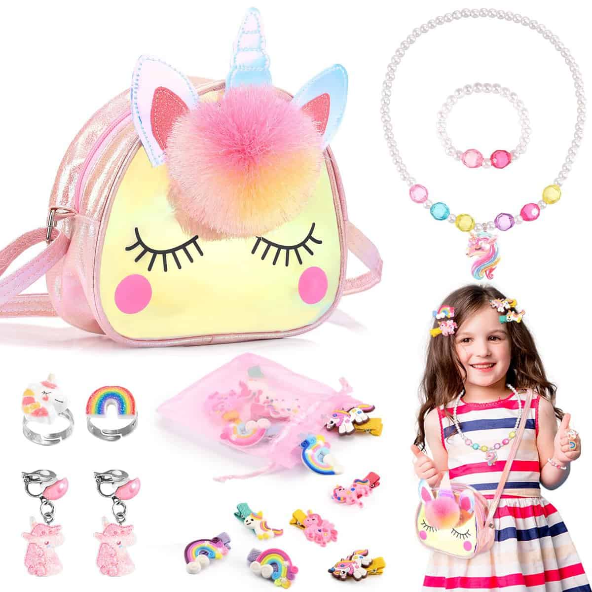 Quikr Licorne Sac a Main Bijoux Enfants Fille, Bijoux Enfants Fille, Sac Licorne Cadeau Fille 3-12 Ans Licorne Fille 3 4 5 6 7 Ans Jouet Fille Anniversaire Licorne Déguisement Accessoire