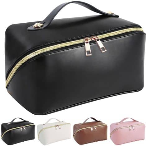 Trousse XXL de Toilette Femme en Cuir PU pour voyager avec style et organisation. (Lisse-Noir)