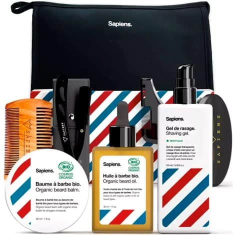 Ensemble de soins et rasage naturels pour hommes Bio Sapiens – Coffret cadeau Made in France : gel de rasage, huile et baume à barbe, rasoir, accessoires, trousse de toilette.