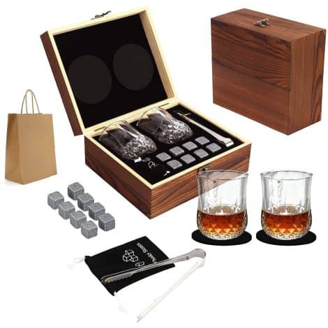 Coffret Pierre à Whisky: Verres à Whisky, glaçons réutilisables, sac en velours, dans une boîte en bois faite main.