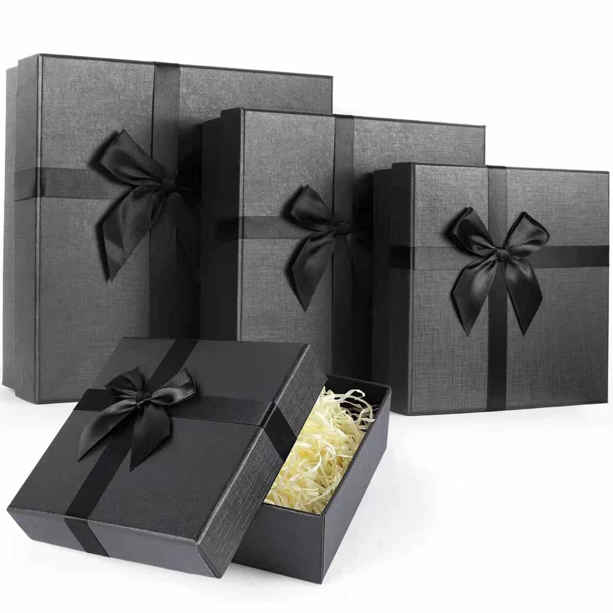 Boîtes cadeaux noires avec couvercles – Boîtes cadeaux gigognes pour cadeaux de Noël – Boîtes cadeaux de luxe avec nœud en ruban – Boîte cadeau emballée pour Noël, anniversaires, Saint-Valentin, etc.