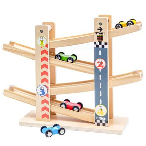 Jouets en bois pour tout-petits : toboggan zigzag avec 4 voitures pour garçons de 1 à 2 ans.