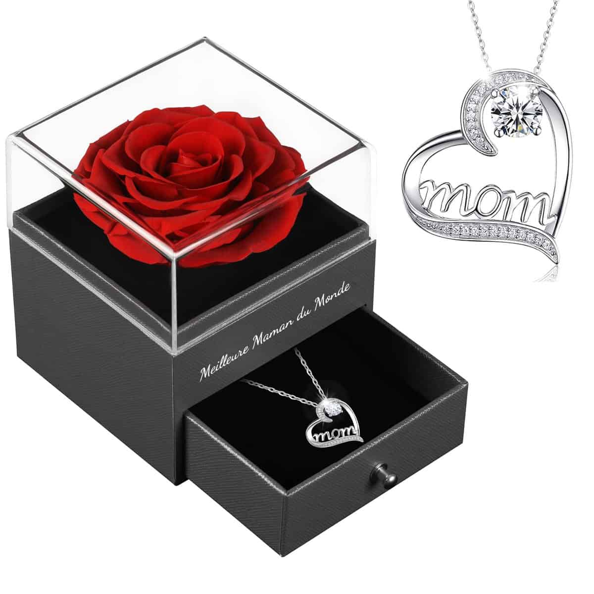 Sunia Cadeau Maman Noel,Rose Eternelle avec Bijoux avec Argent 925 Collier, Meilleure Maman du Monde,Rose Préservée Fleurs Cadeau pour la fête des Mères Anniversaire Noel Cadeau pour Maman Grand-mère