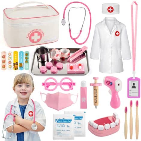 Sundaymot : Coffret de jeu de Docteur pour Enfant – 32 Pièces de Kit Médical avec Stéthoscope, Cadeau d’Imitation pour les Enfants de 3 à 7 ans, Rose.